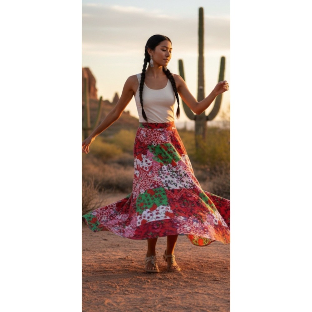 Kaktus Patchwork Flowers Maxi Skirt Womens  Size Small Boho Cottage Gypsy Fairy